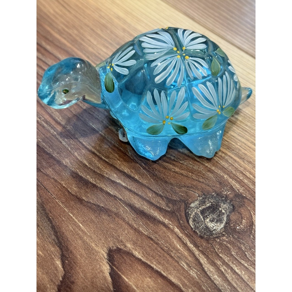VTG Fenton Blue Art Glass Turtle Figurine Hand Painted Signed F. Enoch Stamped
